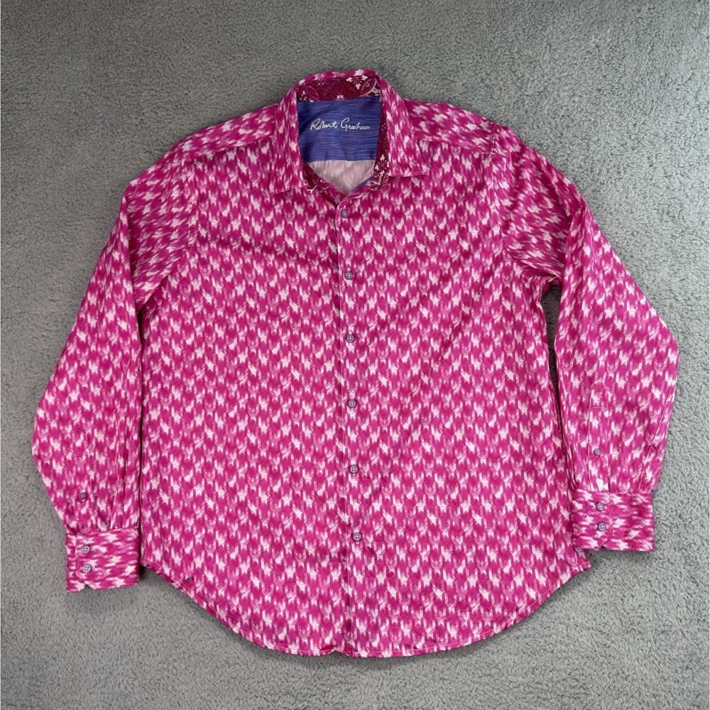Robert Graham Bankston Button Down Shirt Pink White Geometric Pattern Men Sz L